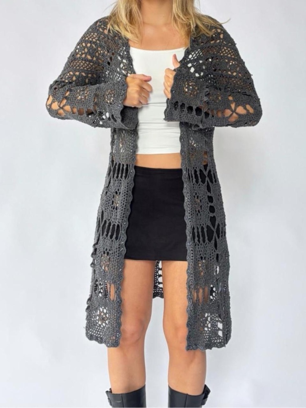 Crochet Cardigan Gray Boho Knit Sequin Large
